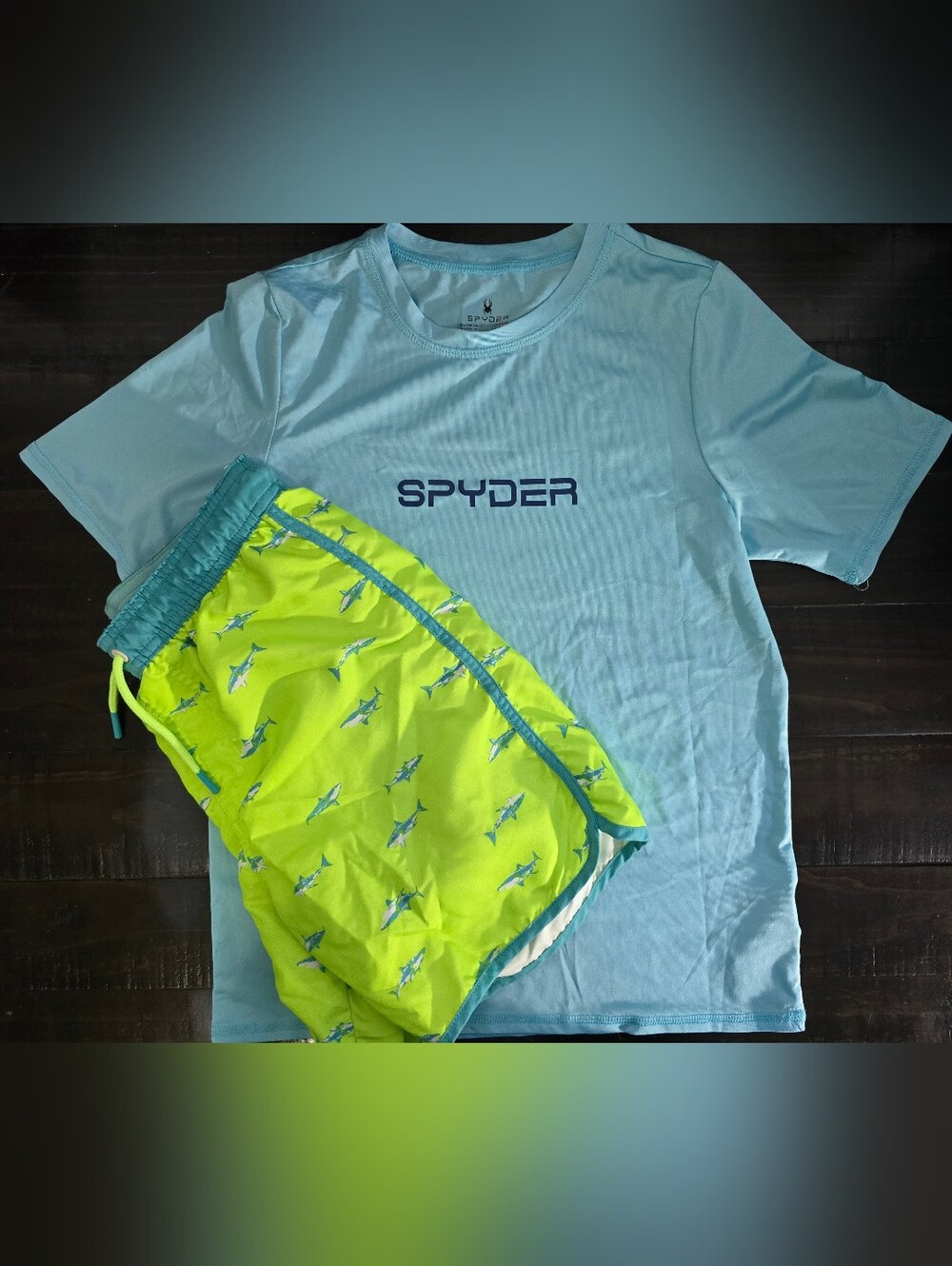 Boys Spyder Light Blue Logo Tee with Neon Yellow Shark Print Swim Shorts